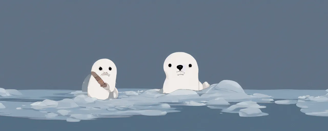 Prompt: a baby harp seal looking distressed, floating on ice away from land, atey ghailan, goro fujita, studio ghibli, rim light, gray lighting, clear focus, very coherent,