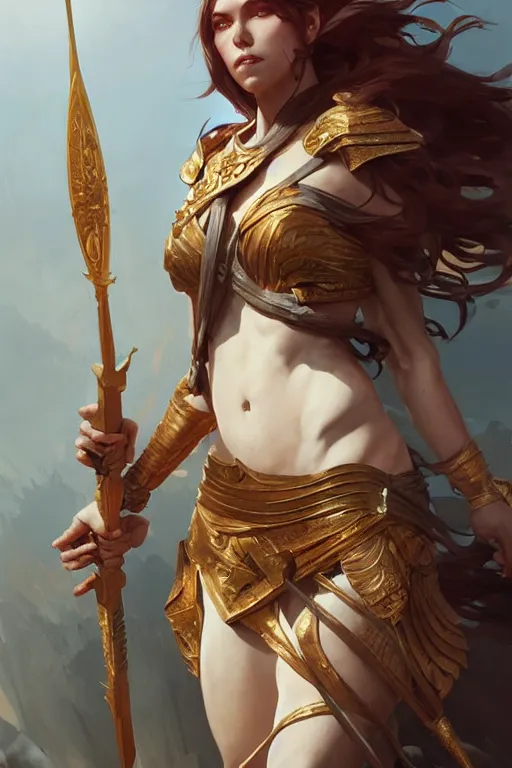 Image similar to goddess of war, accurate anatomy, only two hands, highly detailed, digital painting, artstation, concept art, smooth, sharp focus, illustration, Unreal Engine 5, 8K, art by Ross Tran and greg rutkowski and alphonse Mucha