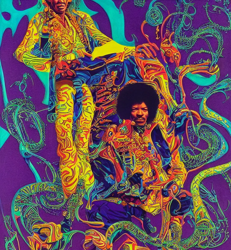 Prompt: colourful afrofuturist biomorphic opart, jimi hendrix full body, by pascal blanche and moebius and roger dean and giger and syd mead and greg hildebrandt, 8 k