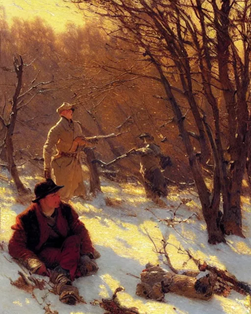 Image similar to handsome men reminisce about the end of autumn in a snow covered pasture, warm colors, hard angles, painting by gaston bussiere, craig mullins, j. c. leyendecker