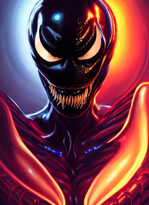 Image similar to portrait of venom, intricate, elegant, glowing lights, highly detailed, digital painting, artstation, glamor pose, concept art, smooth, sharp focus, illustration, art by artgerm and greg rutkowski, artey freytag