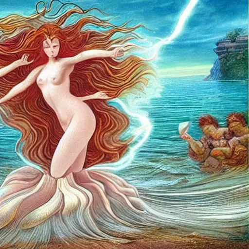 Prompt: The computer art depicts the moment when the goddess Venus is born from the sea. She is shown standing on a giant clam shell, with her long, flowing hair blowing in the wind. The computer art is full of light and color, and Venus looks like she is about to step into a beautiful, bright future. Aaahh!!! Real Monsters, Harry Potter by Raina Telgemeier doom