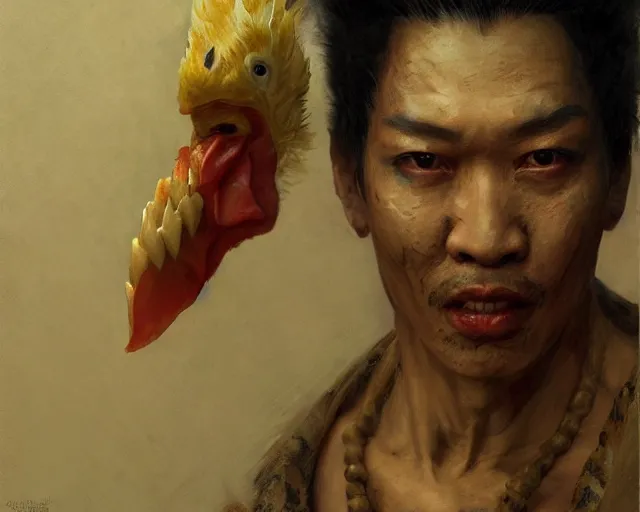 Image similar to closeup portrait of an asian scary man dressed as a chicken, highly detailed painting by gaston bussiere, craig mullins, j. c. leyendecker 8 k