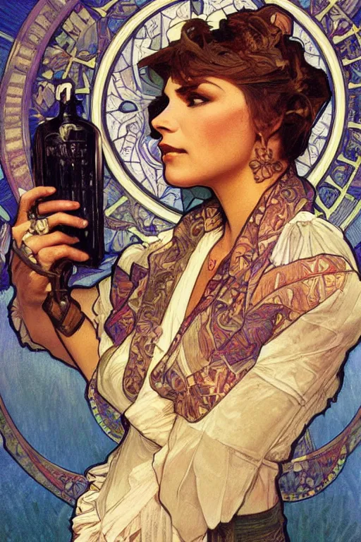 Prompt: a ship in a bottle but instead of a ship it is jack nicholson in the bottle, painting by alphonse mucha and artgerm and greg rutkowski