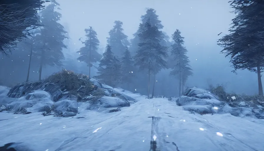 Image similar to Unreal Engine Survival Game in a blizzard, Heavy Thick snow, Fog and Mist, Beautiful dark Landscape, Distant Lights, Hyperrealistic, Hyperdetailed, Concept Art