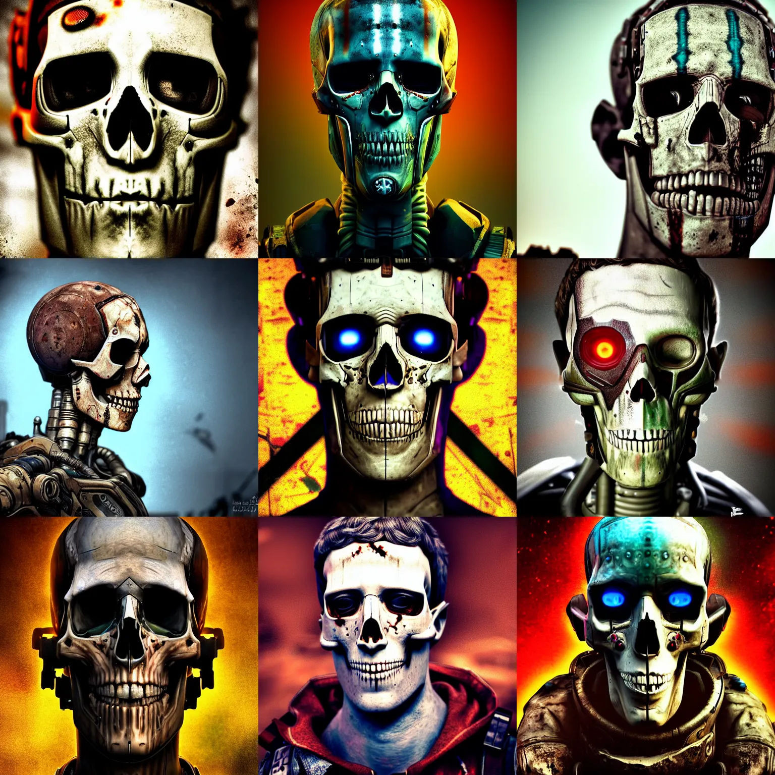 Prompt: very realistic photo !!!cyborg skull zuckerberg! color photograph ! scary head portrait of half cyborg zuckerberg! cyborg as Borderlands 3 character , postapocalyptic grunge, highly detailed, sharp focus,alien, HQ, 4K