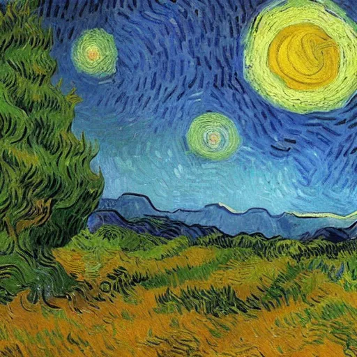 Image similar to painting of a lush natural scene on an alien planet by vincent van gogh. beautiful landscape. weird vegetation. cliffs and water.