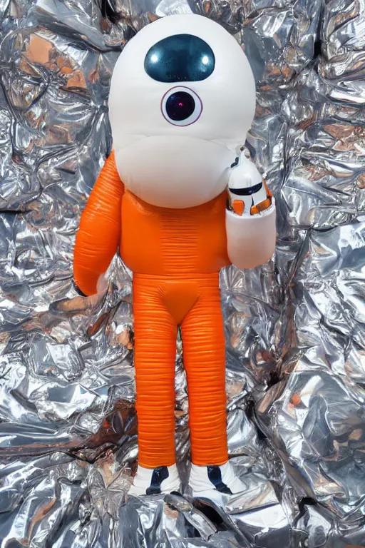 Prompt: still figurine of a tall giant inflated astronaut wearing over sized orange puffy bomber jacket, googly eyes, tareme eyes, personification, dynamic pose, detailed product photo, tone mapped, beautiful composition, 8 5 mm, f 5. 8, soft lighting