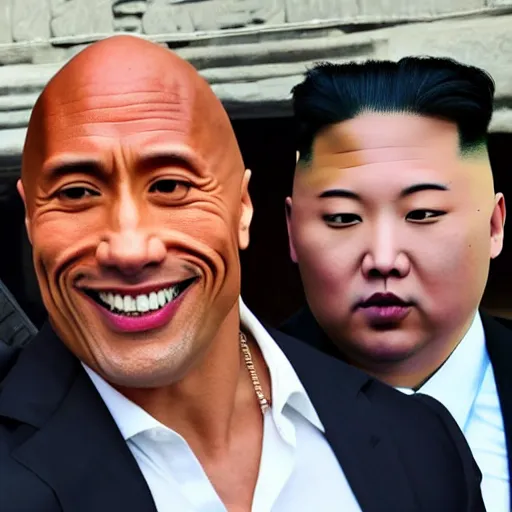 Image similar to dwayne the rock johnson and kim jong - un, selfie, phone photo,