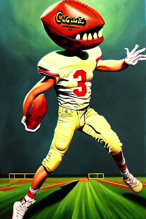 Image similar to a hyperrealistic painting of a chimeric creature scoring a touchdown on the foot ball field. cinematic horror by chris cunningham, lisa frank, richard corben, highly detailed, vivid color,