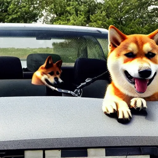 Prompt: a photo of a shiba inu driving a pickup truck is given a speeding ticket by a k 9 dog cop for speeding in the highway