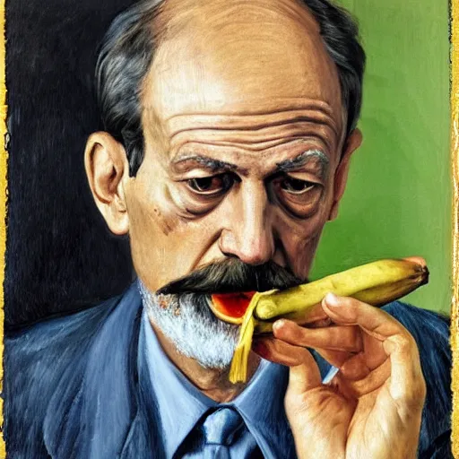 Image similar to portrait of sigmund freud smoking a cig and holding a banana, freudian, symbolic, by lucian freud and neo rauch