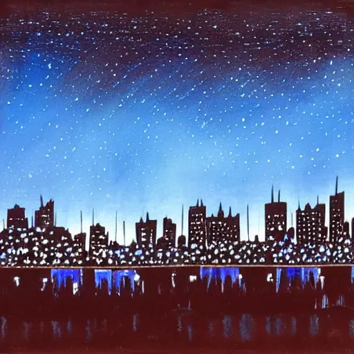 Prompt: night scene of a city. The darkness of the night is illuminated by artificial lighting. The sky is painted with cobalt blue, and shimmers with the light of stars. The buildings are painted in black, and stand out against the sky. They are silhouetted against a background which is painted with hazy grey.