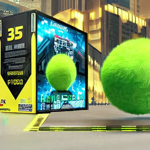 Image similar to high quality 3 d render cyberpunk very tennis ball monster highly detailed, unreal engine cinematic smooth, in the style of detective pikachu, basil gogos, chalk, low angle, uhd 8 k, sharp focus, illustrated by basil gogos