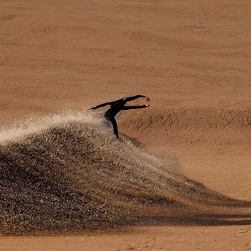 Prompt: 2 person surfing on wave made of comic dust located in desert nearby the pyramids