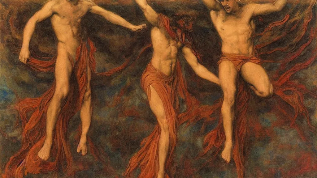 Image similar to ( he is strong with change, and rideth forth in whirlwind clothed, with thunders and with doom to the red stars ) in the style of max klinger, george frederick watts, jean delville, oil on canvas