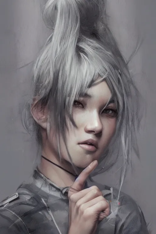 Prompt: girl, silver hair ponytail, multicam ((camo)), posing, (trending on artstation), beautiful face, cinematic full body shot, ilustration by (Takehiko Inoue) (((and Yoann Lossel)))