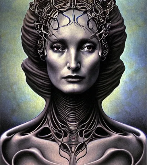 Image similar to detailed realistic beautiful young alien robot jessica lange as queen of mars face portrait by jean delville, gustave dore and marco mazzoni, art nouveau, symbolist, visionary, gothic, pre - raphaelite. horizontal symmetry by zdzisław beksinski, iris van herpen, raymond swanland and alphonse mucha. highly detailed, hyper - real, beautiful