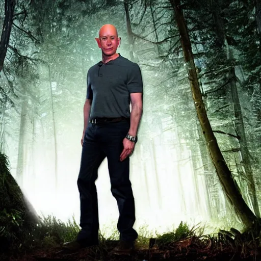 Image similar to jeff bezos skinwalker hunting you in a dark forest with a knife, fully body, realism