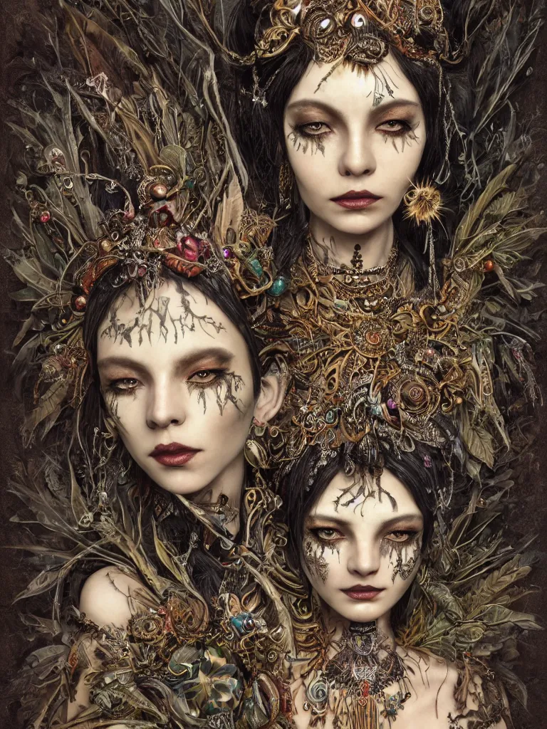 Prompt: a centered portrait of a dark tribal fairy with face tatoos wearing ornate and intricate jewellery made from sticks and feathers and leaves and jewels | Photorealistic, Detailed, Realism, Fantasy, Voluemetric Lighting, Global Illumination, Subsurface Scattering, Photographic Color Scheme blur, by Karol Bak:10, by brian froud:5, by beeple:3, HD | trending on artstation