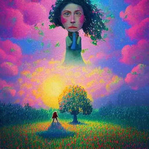 Image similar to girl with giant flower as a face, flower field, big trees, sunrise dramatic light, impressionist painting, colorful clouds, digital painting, pointillism, artstation, simon stalenhag