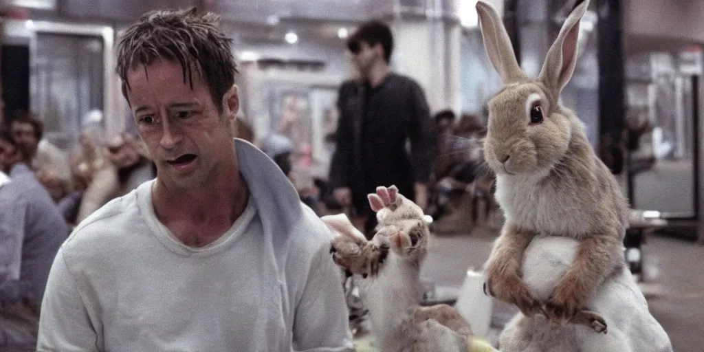 Prompt: a rabbit in the movie fight club, screenshot