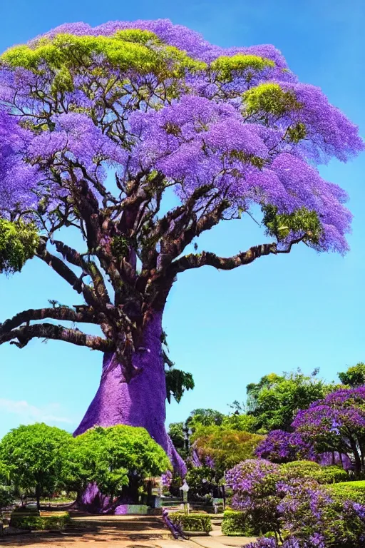 Image similar to huge world jacaranda tree with purple colored flowers, + lightning bolt, + antique,