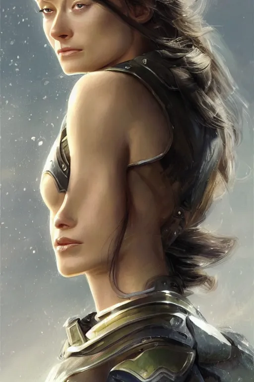 Image similar to a professional painting of a young Olivia Wilde, clothes in military armor, olive skin, long dark hair, beautiful bone structure, symmetrical facial features, intricate, elegant, digital painting, concept art, smooth, sharp focus, illustration, from StarCraft by Ruan Jia and Mandy Jurgens and Artgerm and William-Adolphe Bouguerea