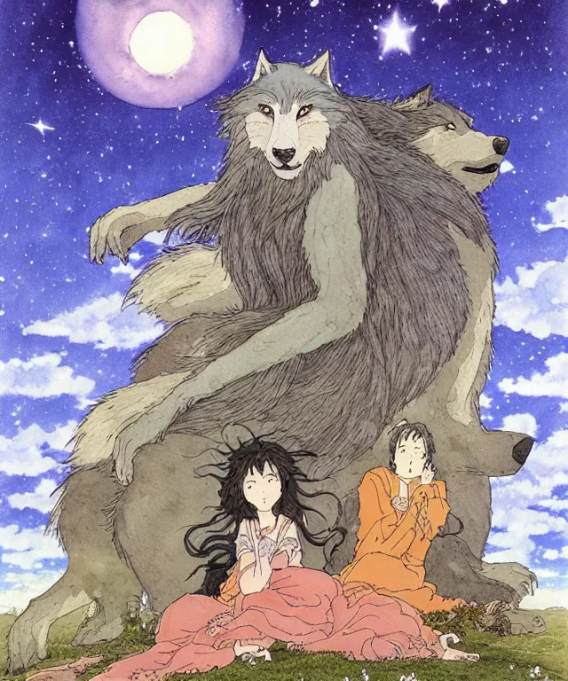 Image similar to a hyperrealist studio ghibli watercolor fantasy concept art. in the foreground is a giant long haired grey wolfman sitting in lotus position on top of stonehenge with shooting stars all over the sky in the background. by rebecca guay, michael kaluta, charles vess