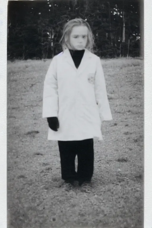 Image similar to photo polaroid of a sad and lonely child in a white coat stands in the middle many big tents of field hospitals, pandemic, covid, loneliness, black and white ,photorealistic, 35mm film,