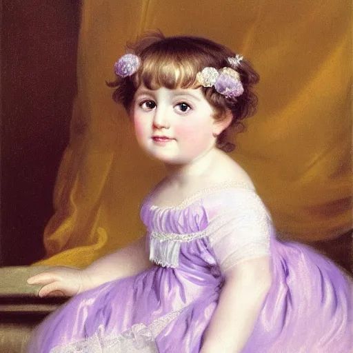 Image similar to portrait of a german toddler princess sitting down in a silk lavender gown, circa 1 8 3 7, by carl joseph begas, highly detailed, beautiful, oil on canvas, 1 8 3 0 s, romanticism