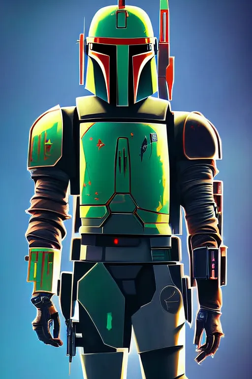 Prompt: futuristic portrait art of an armored cyberpunk boba fett, futuristic style boba fett, game screenshot from cyberpunk 2 0 7 7
