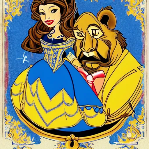 Image similar to belle and beast in blue and gold in the style of mexican folk art