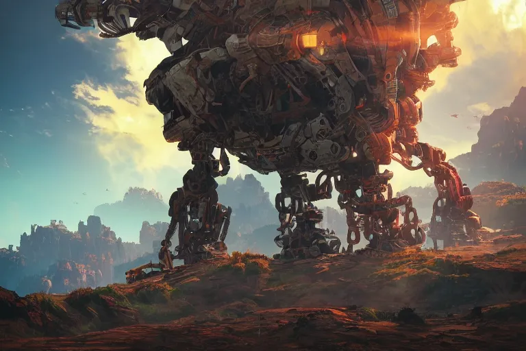 Image similar to rockbreaker machine mecanical creature robot of horizon forbidden west horizon zero dawn radiating a glowing aura global illumination ray tracing hdr fanart arstation by ian pesty and alena aenami artworks in 4 k