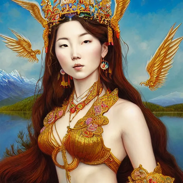 Prompt: in the art style of bagshaw tom artgerm and bowater, charlie, by bagshaw tom, artgerm and bowater, charlie, portrait of a beautiful asian mongolian princess goddess spreading its wings, portrait of princess wearing a beautiful ornate crown, in the background lake baikal is seen