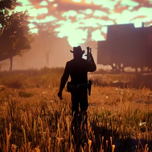 Image similar to zombie, bokeh dof, professional, dreamy, cute, 4 k, sunset, award winning, disgusting, funny, red dead redemption 2