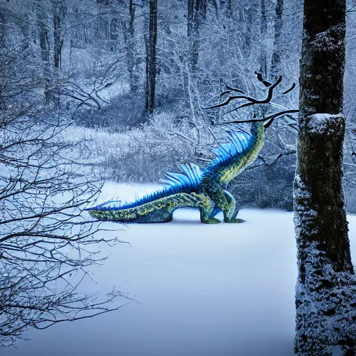 Prompt: Ice dragon in a snowy forest resting besides a pond, photograph, 4k,