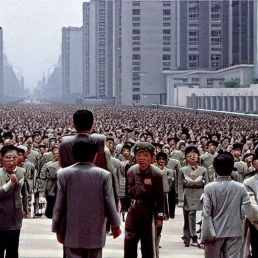 Image similar to cinematic shot of cybernetic kim il - sung standing in a street in pyongyang as a crowd of people cheer in the background, 8 k,