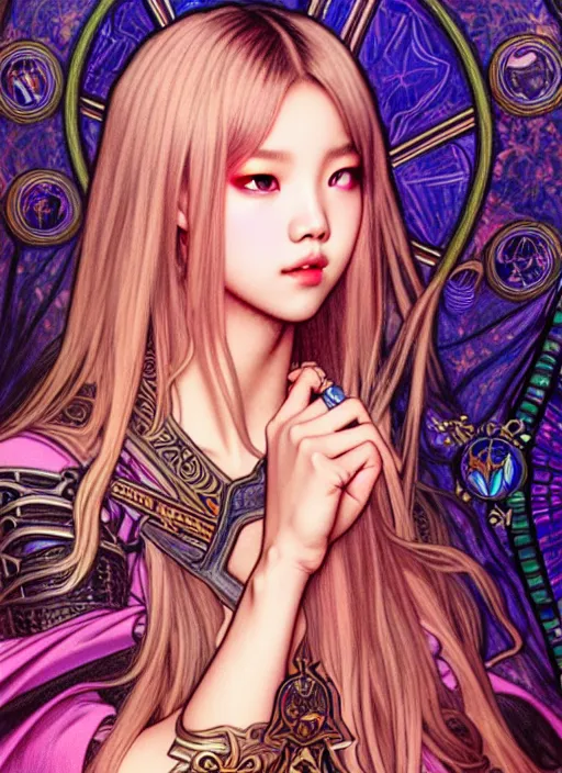 Image similar to lalisa manoban of blackpink, medieval armor, tarot card, highly detailed, digital painting, smooth, sharp focus, illustration, ultra realistic, 8 k, art by artgerm and alphonse mucha