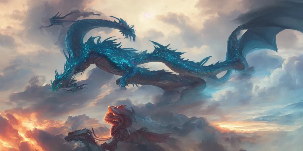 Image similar to photo of 8k ultra realistic dragon, swirling clouds and dramatic lighting, lightning, full of colour, cinematic lighting, trending on artstation, 4k, hyperrealistic, focused, extreme details,unreal engine 5, cinematic, masterpiece, art by Peter Mohrbacher