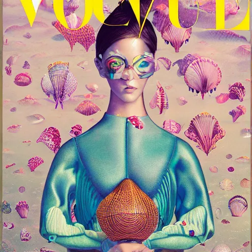 Image similar to pretty model with ocean and shell : : by martine johanna and simon stalenhag and chie yoshii and casey weldon and wlop : : ornate, dynamic, particulate, rich colors, intricate, elegant, highly detailed, vogue, harper's bazaar art, fashion magazine, smooth, sharp focus, 8 k, octane render