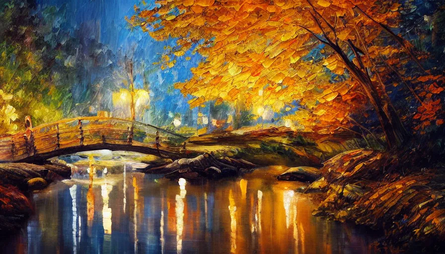 Image similar to an oil painting of a beautiful woman transforming into a peaceful river at night, it's autumn and a gentle breeze is moving leaves around, cinematic lighting, establishing shot, art station