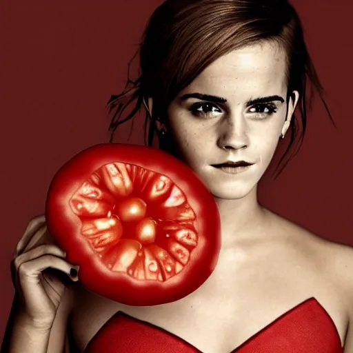 Prompt: emma watson dressed in a tomato, hyperrealistic, photography, 8 k