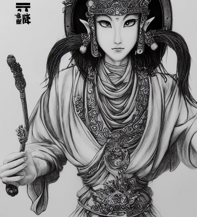 Prompt: taoist buddhist biblical art brush ink 3 d drawing of a beautiful girl epic photorealistic portrait in squareenix miura kentaro sorayama technoir noir style detailed trending award winning