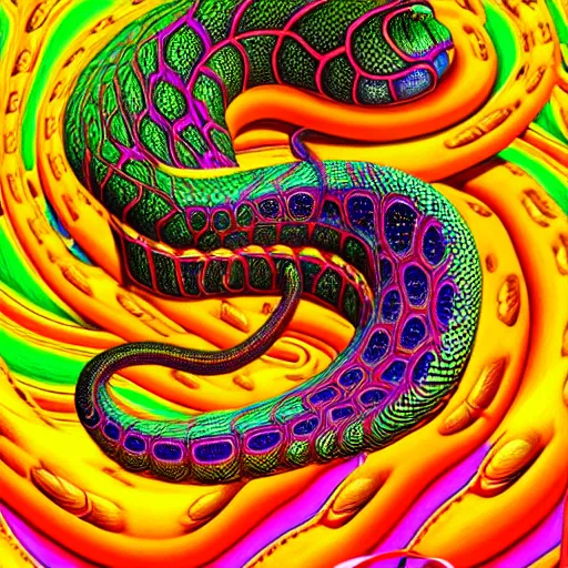 Image similar to an extremely psychedelic portrait of a snake, surreal, lsd, face, detailed, intricate, elegant, lithe, highly detailed, digital painting, artstation, concept art, smooth, sharp focus, illustration