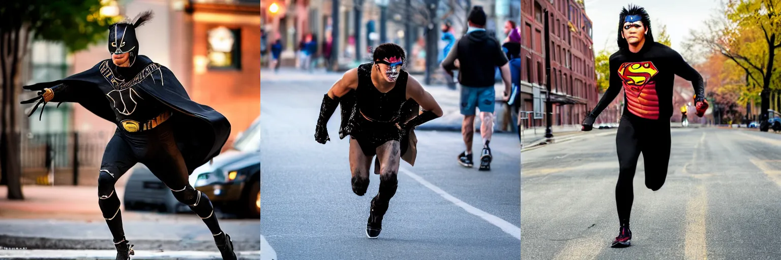 Prompt: Long shot of a 20 years old wampanoag man in a black super hero costume running in the streets of Boston, leaving behind him a trail of dust and sparkles, very high quality photography