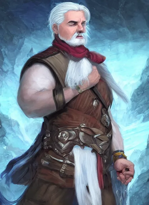 Image similar to young man with short white fringe white hair and moustache, tristan fulcher, livedoce, dndbeyond, bright, colourful, realistic, dnd character portrait, full body, pathfinder, pinterest, art by ralph horsley, dnd, rpg, lotr game design fanart by concept art, behance hd, artstation, deviantart, hdr render in unreal engine 5
