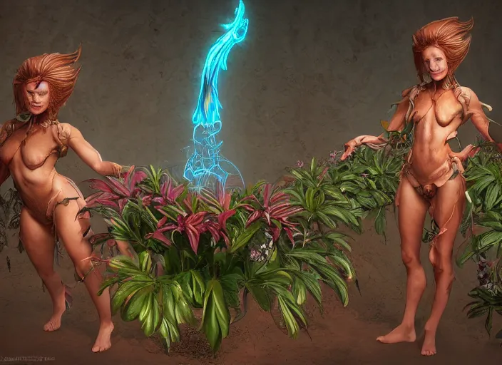 Image similar to Fantasy Alrune androgynous plant humanoid with flowers in hair plant body pitcher plant by Larry Elmore and Ilya Kushvikov, symmetrical face concept art, octane render unreal engine meta humans, artstation