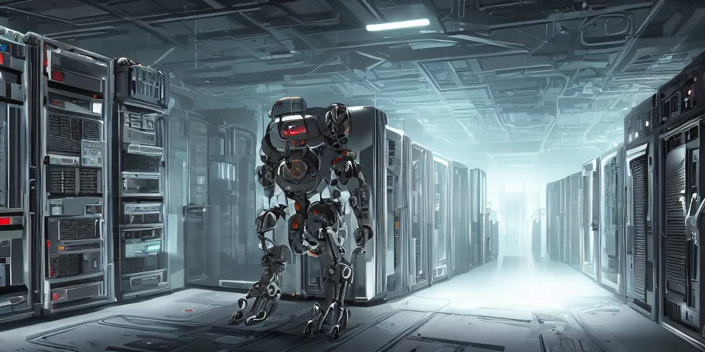 Image similar to parallax datacenter server room single mono colossus white rusty android robosaurus automaton in artstation