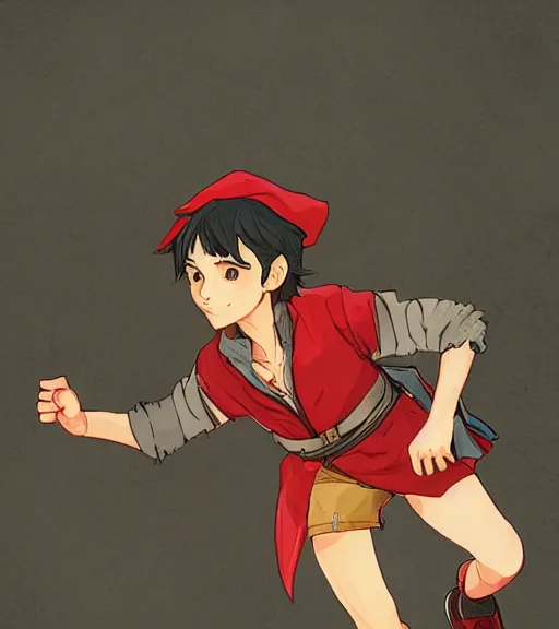 Image similar to attractive little boy character inspired in little red riding hood and narancia from jojo, digital artwork made by akihiko yoshida and makoto shinkai